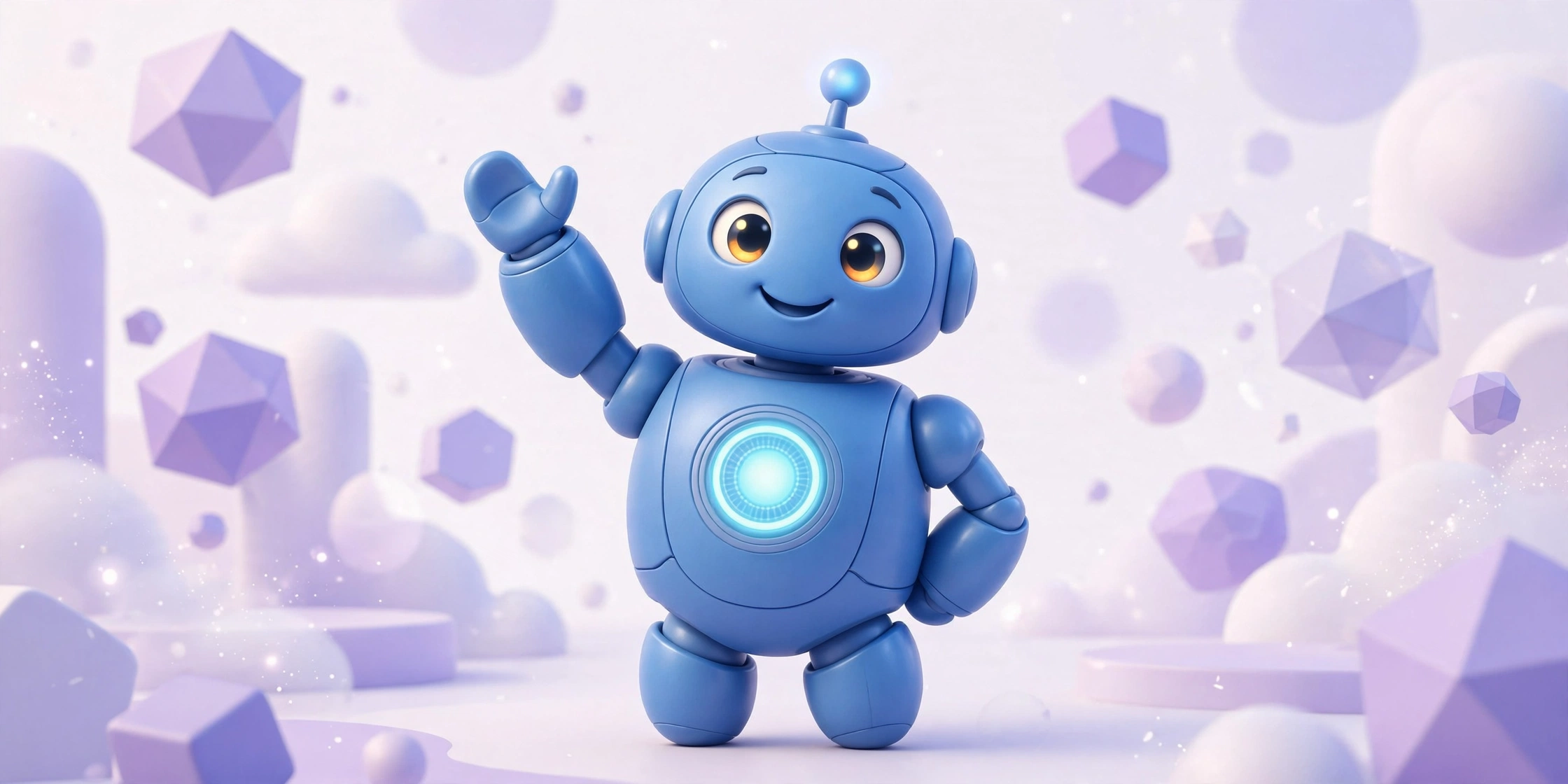 Bizzy, the blue robot voice agent, waving in a bright lavender 3D scene