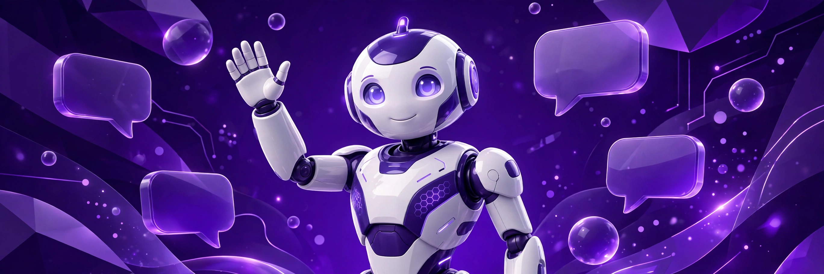 Manny, Manifestic's AI guide robot in a deep purple 3D scene
