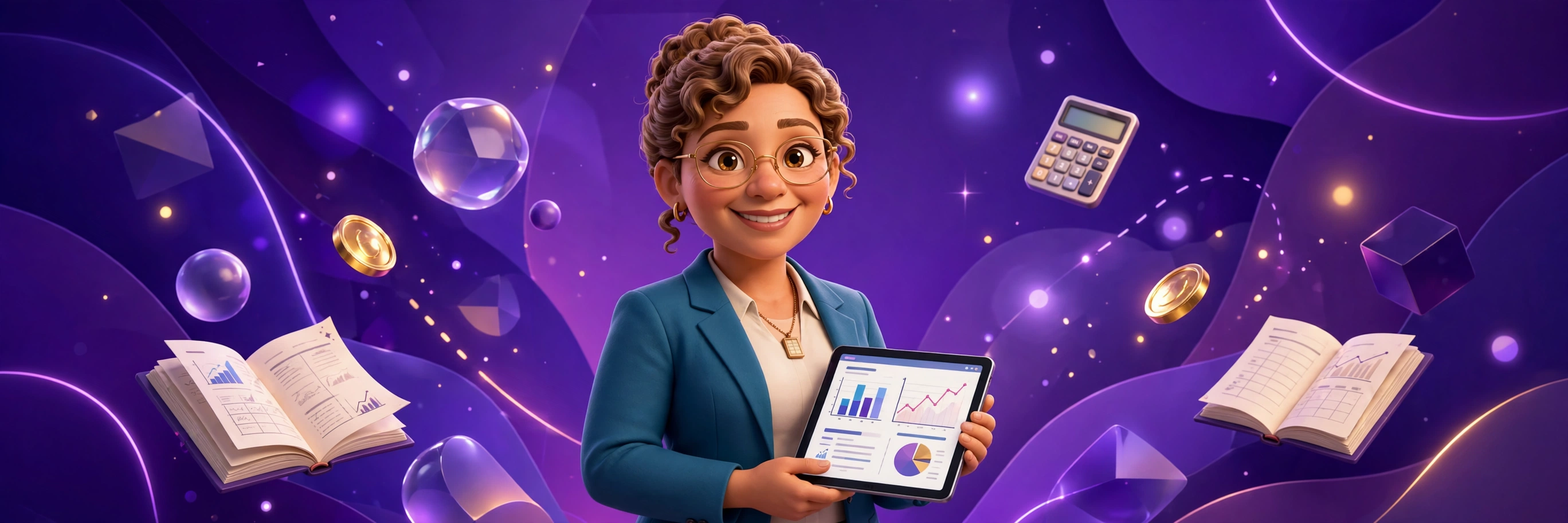 Penny, a friendly bookkeeper character with a tablet in a deep purple 3D scene