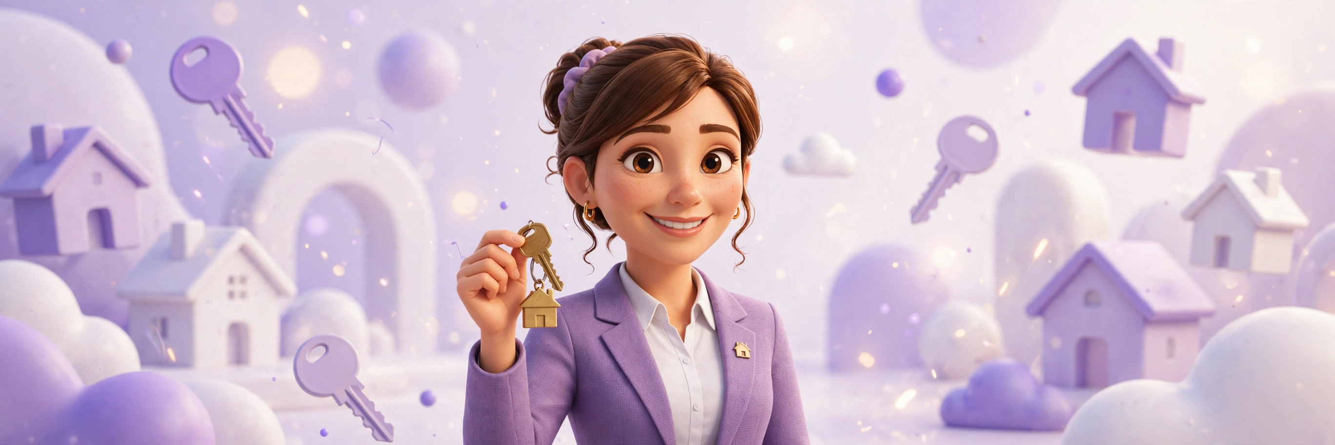 REBA, a friendly real-estate agent character holding a house key in a bright 3D scene