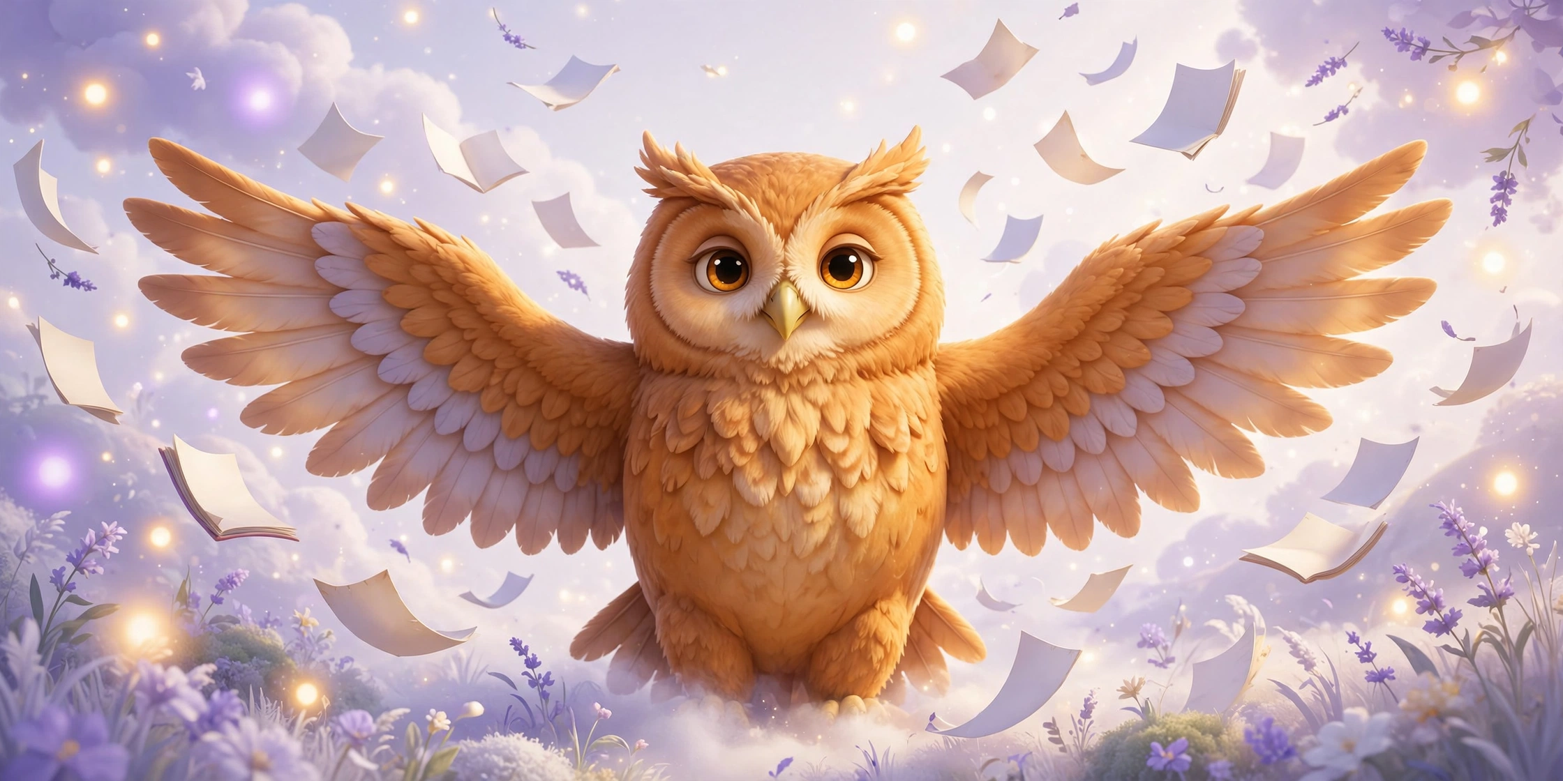 Sage, a warm storybook owl character in a soft lavender 3D scene