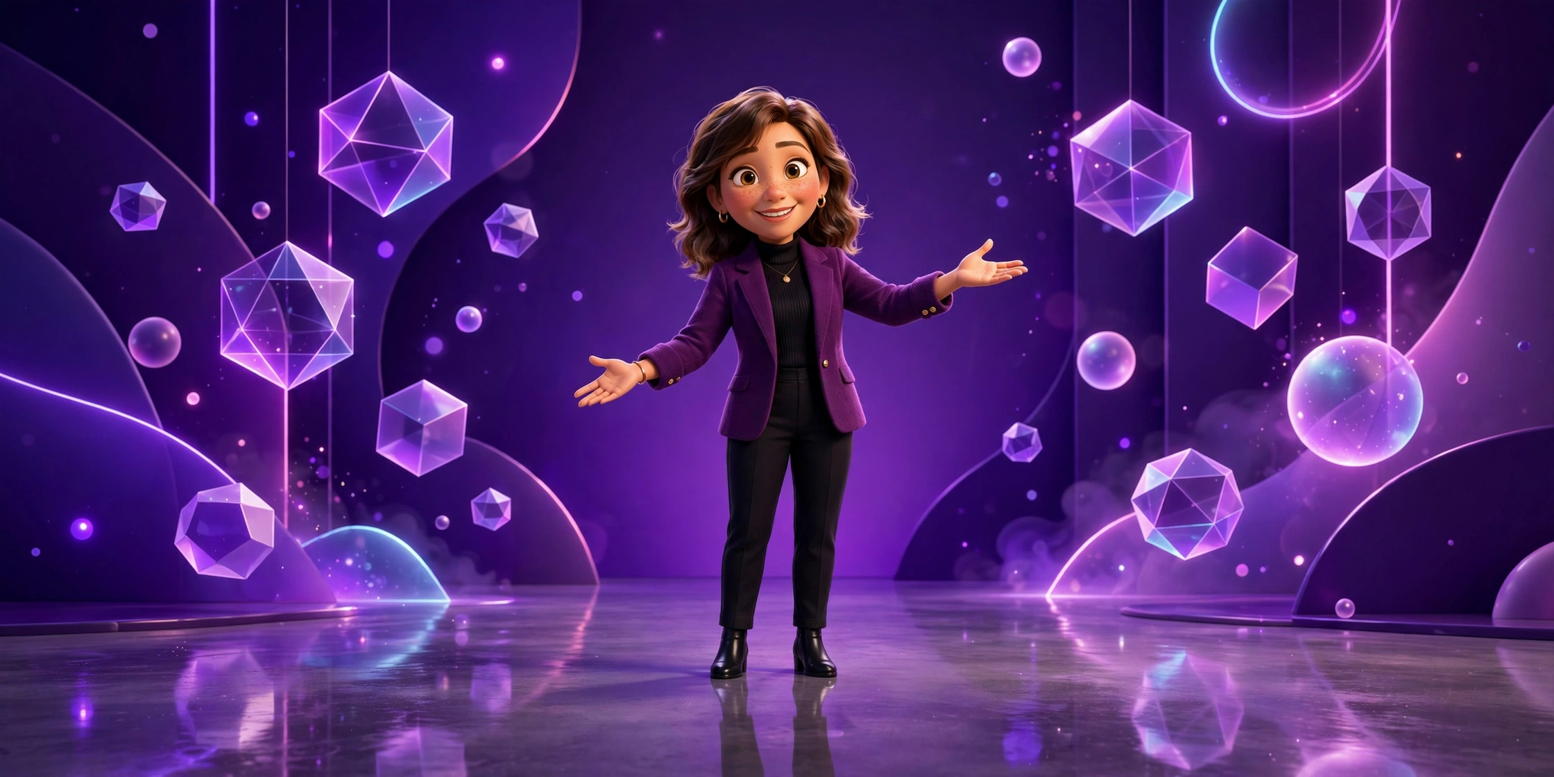 Sarah, a warm showroom hostess character in a deep purple 3D scene