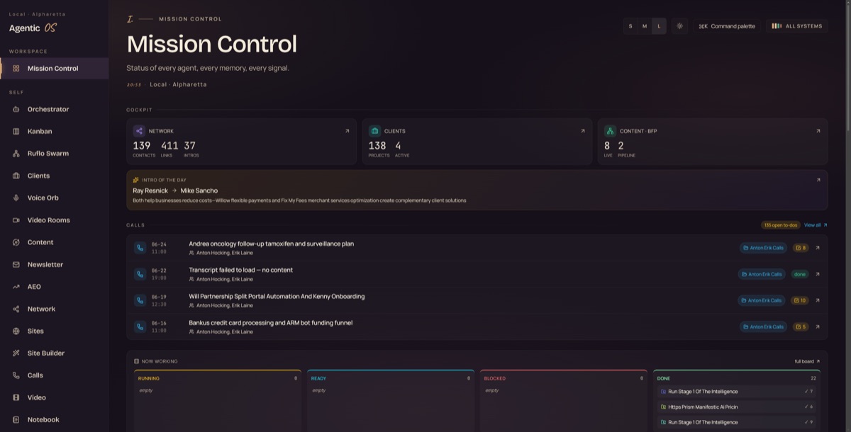 Screenshot of Manifestic's Agent OS Mission Control dashboard