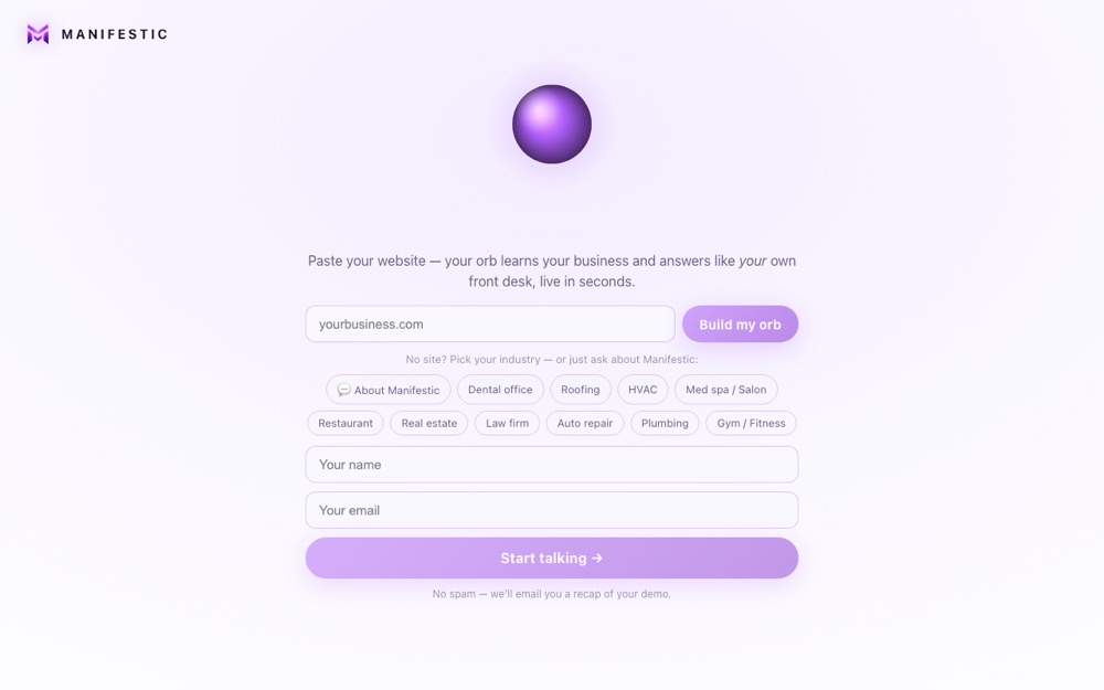 Screenshot of the Manifestic AI voice receptionist demo
